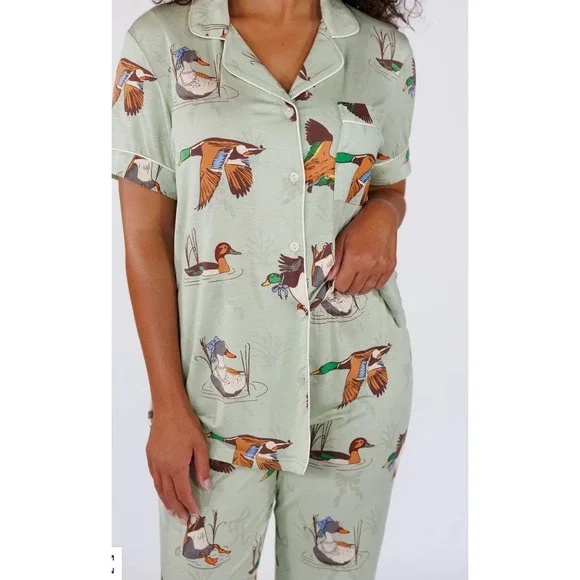 In My Sundays Fancy Fowl Pajama Set Women's Small Duck Sleepwear Green Button Up - Picture 4 of 11
